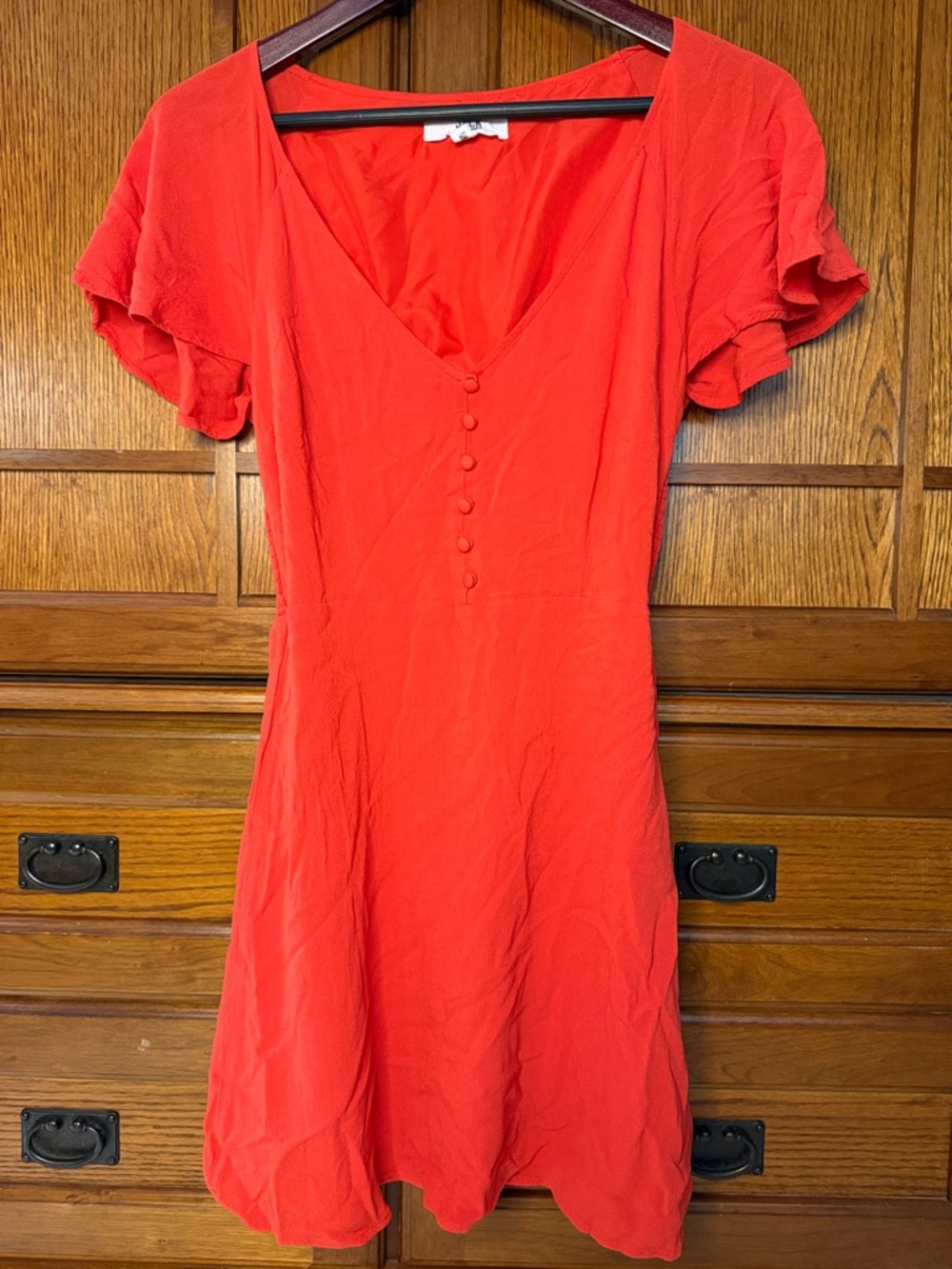 Jack by BB Dakota Flutter Sleeve Mini Dress Button Front Fit & Flare Crepe-Knit
